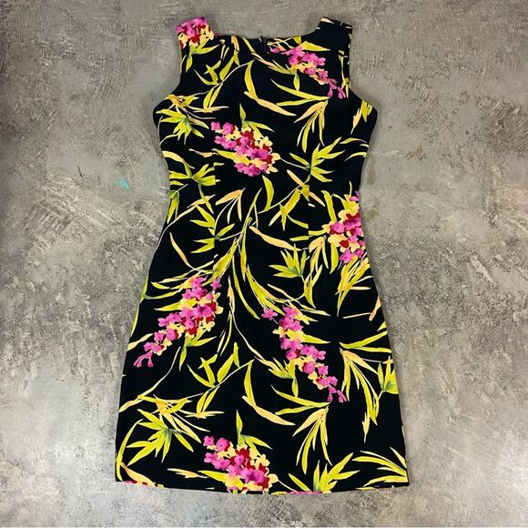 Vintage 80s Size 10 Bright Tropical Floral Print Stretchy Bodycon Mini Dress - Picture 6 of 9